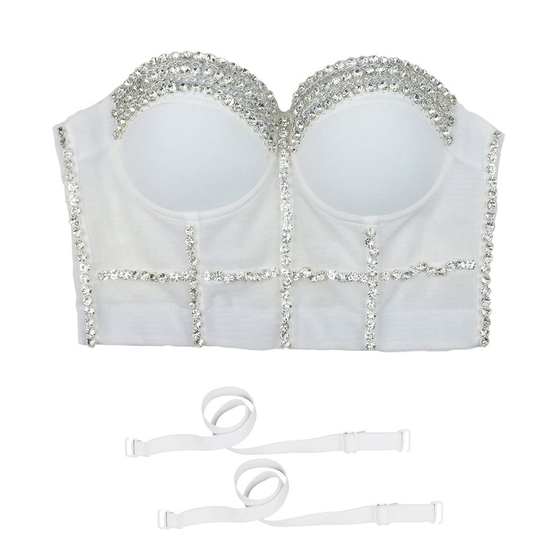 ELLACCI Women's Diamond Chain Mesh Bustier Crop Top Push Up Corset Top Bralet White Medium - Image 4